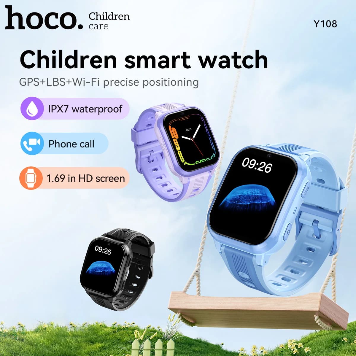 HOCO Y108 1.69inch HD LCD Curved Touch Screen Kids Smart Watch GPS LBS WIFI Location Tracker 4G SIM Card Call Watch For Girl/Boy
