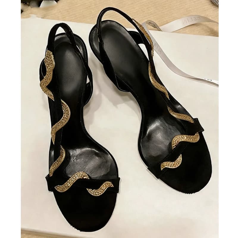 Sandals with Spilled Heel and Snake Chain with Rhinestones, Summer Shoes 2026 Sexy Black with Open Point and Back Strap, High Heels for Festivals and Events