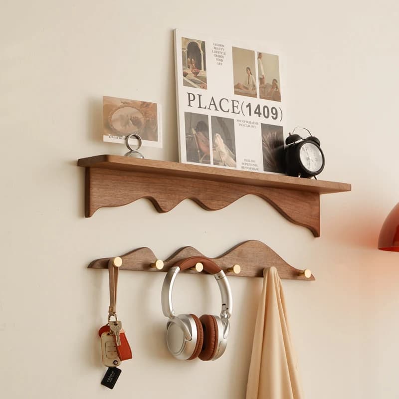 Black Walnut Wood Wall Mounted Shelf Magazine Rack Decorative Partition Hanging Hook No Drilling Required Storage Organizer