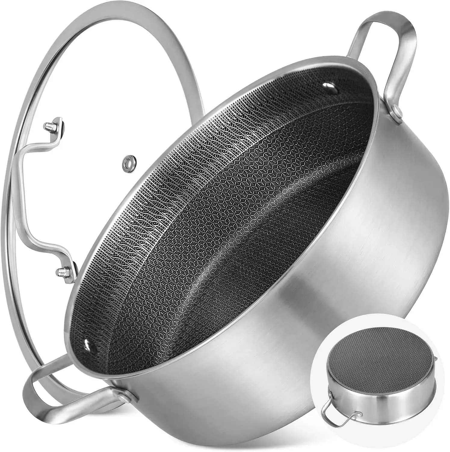 7 QT Deep Frying Pan with Lid, 12 Inch Nonstick Triply Stainless Steel Skillet Saute Pan, Hybrid Honeycomb Cookware for Family Meal, Oven & Induction Ready, Riveted Handles
