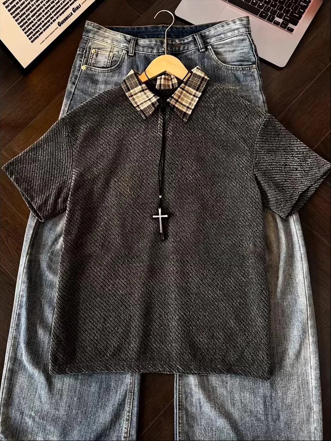 Gray Plaid Collar Patchwork Shirt Short Sleeve Men Summer Shoulder T-Shirt American Style Handsome Half Sleeve Casual Wear