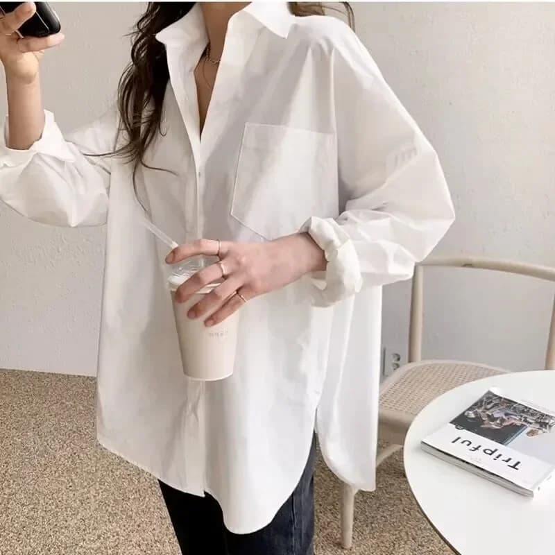 2026 fashion new cotton sleeve long woman shirt size strong Office Lady elegant white casual shirts wide couverture collar top