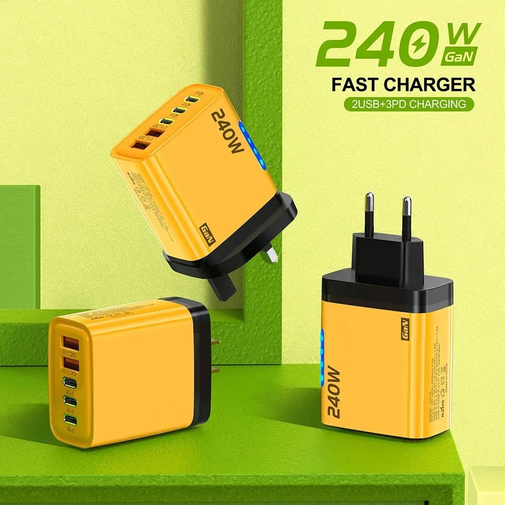 Caricatore USB GaN con spina EU/US/UK da 240W, adattatore di ricarica rapida da viaggio, caricatore da parete rapido per cellulari iPhone e Xiaomi