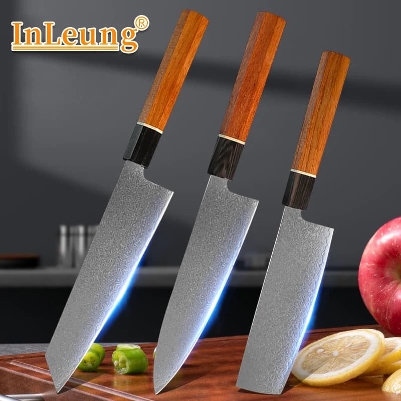 Japanese Damascus Steel Knife Octagon Chef Knife Wood Handle Sashimi & Meat Cleaver Professional Kitchen Vegetable Cutting Tool