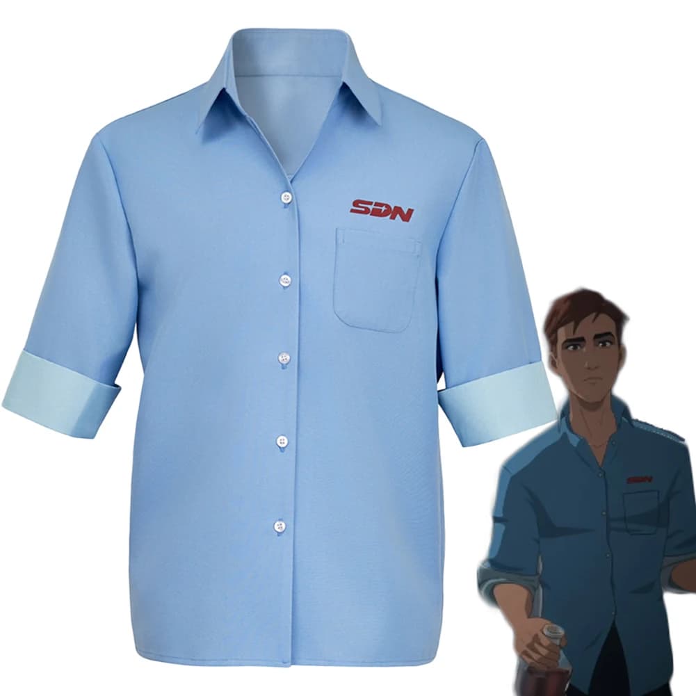 Gioco Dis Patch Robert Cosplay Camicia blu Top Costume Uniforme Uomo T-shirt Abbigliamento Halloween Gioco di ruolo Abiti Festa di carnevale