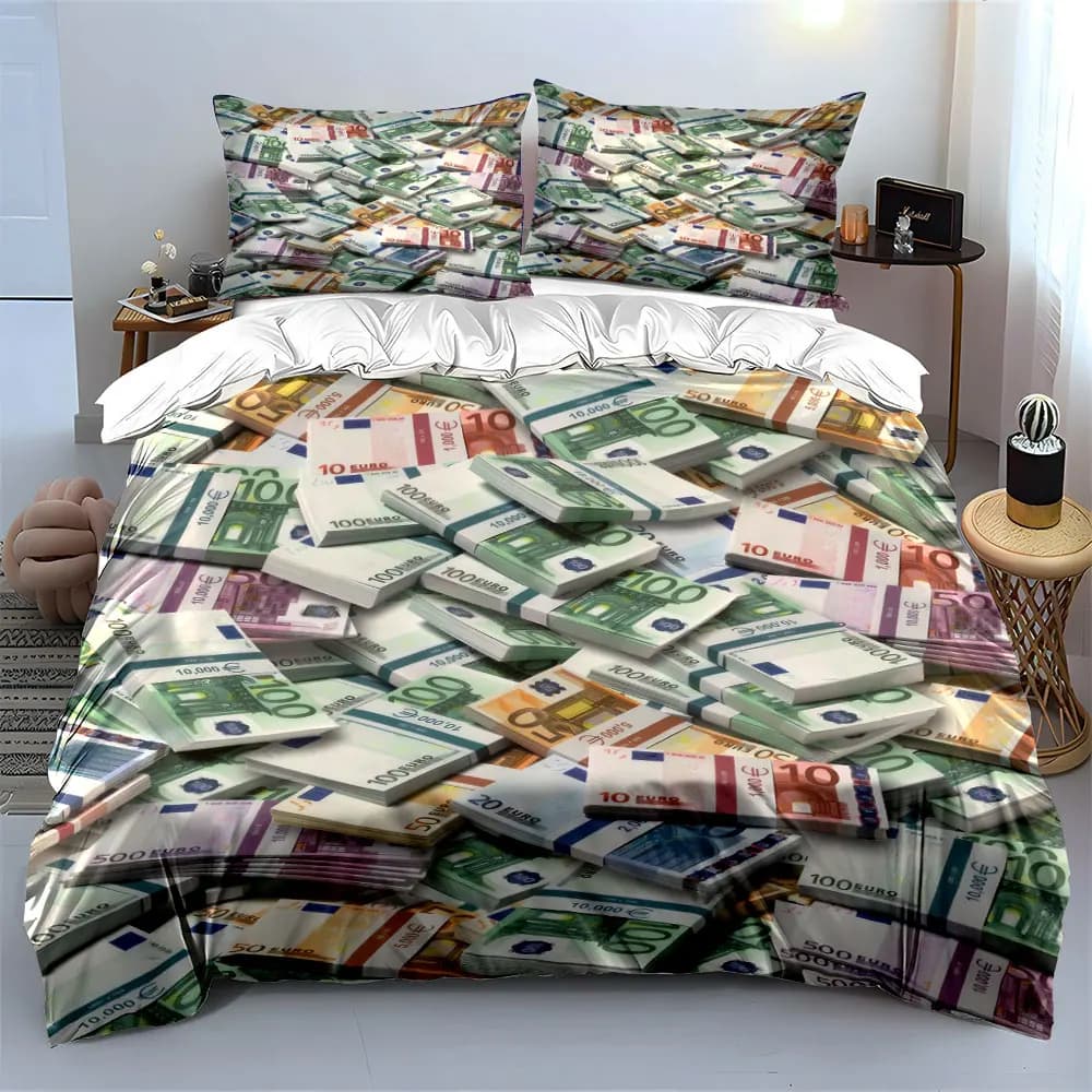 Set di Biancheria da Letto di Lusso con Stampa Denaro per Arredamento Casa, con 1 Copripiumino e 2 Federe, Singolo, Matrimoniale, King, Queen, Idea Regalo