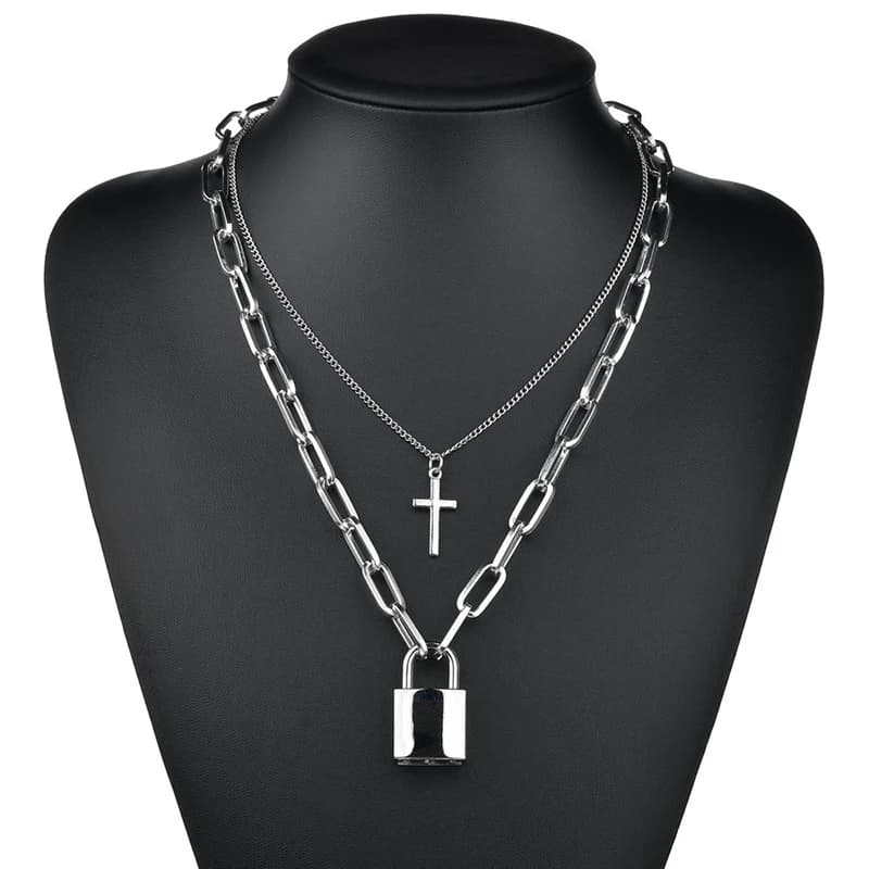 Fashion Chain Link Choker Heart Lock Cross Necklace Pendant For Women Men Silver Color Goth Jewelry Party Punk Long Necklaces