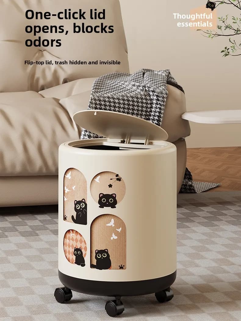 Cute Covered Plastic Trash Can Large Capacity Bedroom Living Room Wheel-equipped Home Use Storage Dustbin Long Tub Shape