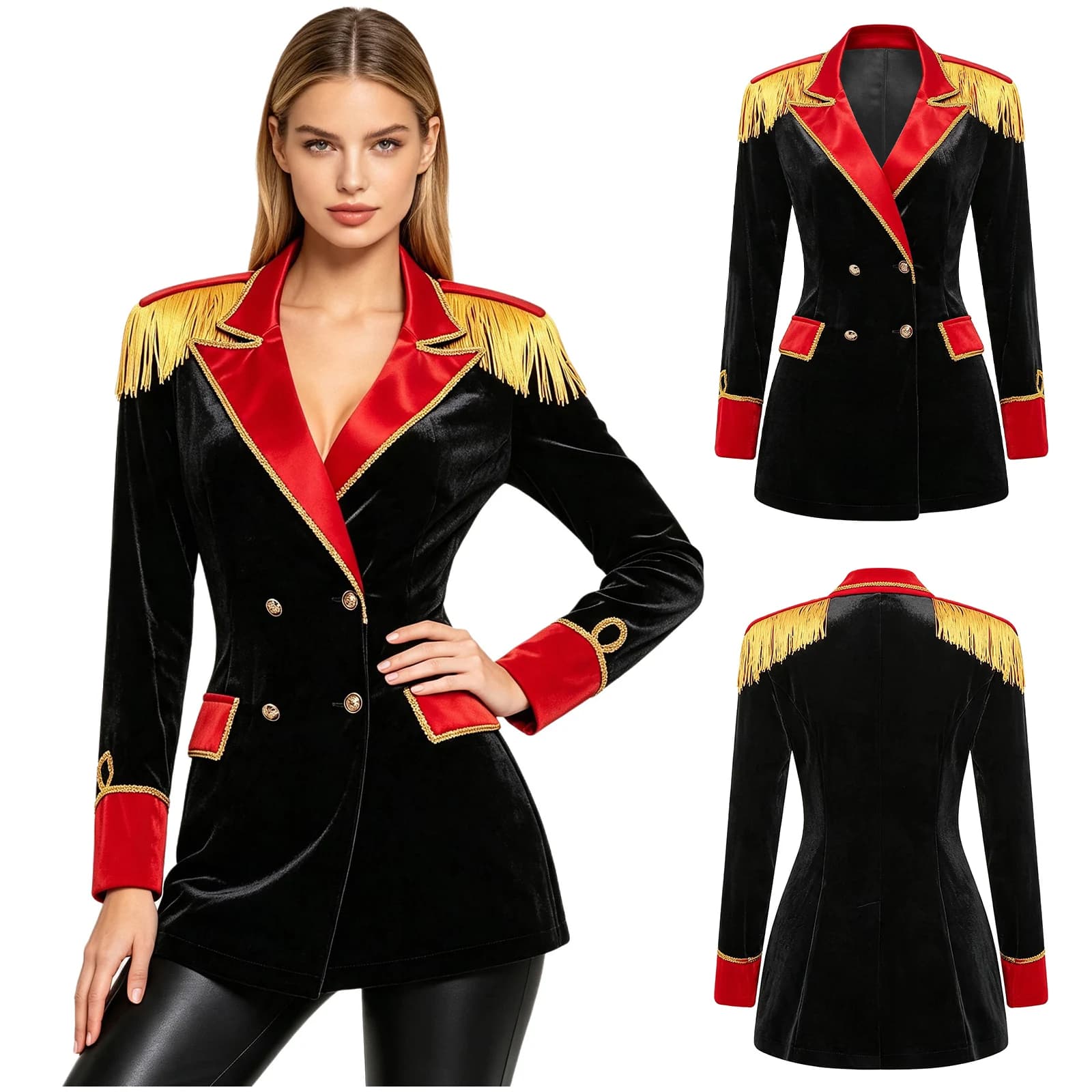 Women Ringmaster Jacket Costume Long Sleeve Fringe Tassel Shoulder Jacket Coat Circus Blazers Halloween Cosplay Lion Dress Up