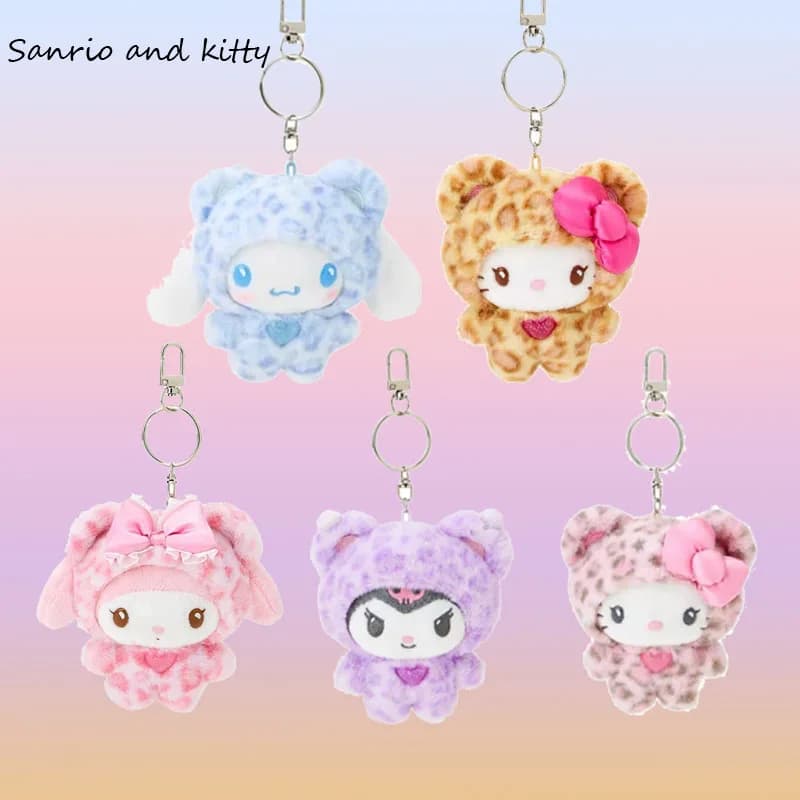 Nuovo portachiavi gatto Sanrio Kawaii, simpatico ciondolo per borsa per bambola in peluche con fiocco, regalo con cerniera con stampa leopardata per regali di compleanno per ragazze caldi