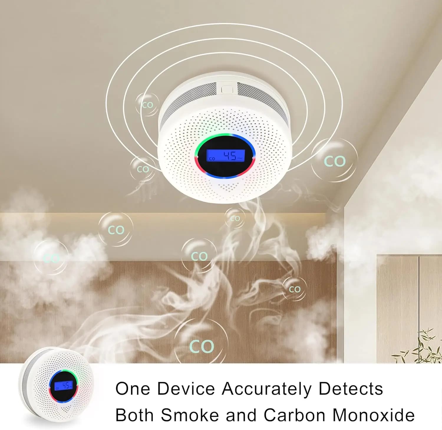 Display LCD Rilevatore di fumo e monossido di carbonio 2 in 1 con allarme acustico e visivo