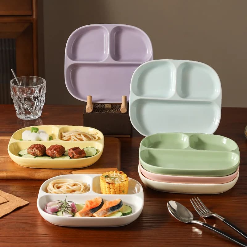 Triple Grid Ceramic Breakfast Plate Fitness Weight Loss Plate Home Breakfast Plate Kitchen Plates for Children Quantitative Food