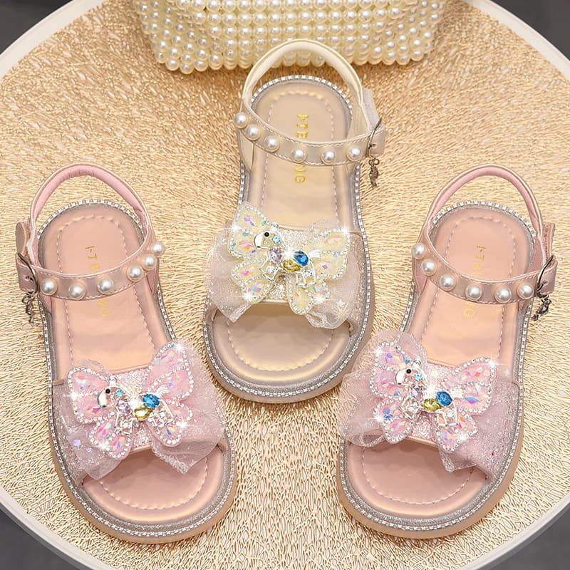 Girls' Shoes Genuine Leather Children's Princess Sandals 2026 Summer New Style Crystal Bow Elegant Little Girls' Shoes