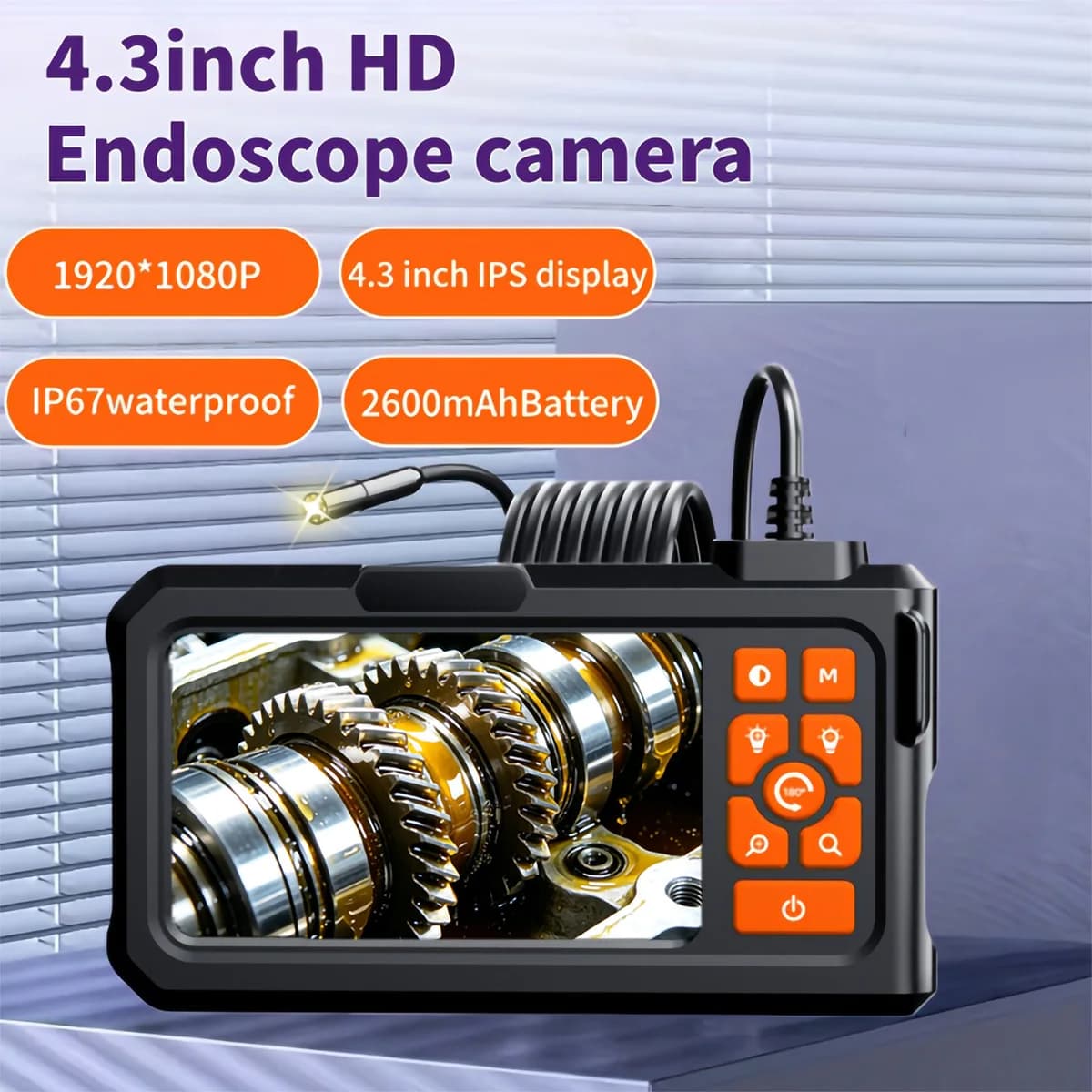 4.3 Inch IPS Screen Industrial Endoscope Camera 1080P HD IP67 Waterproof Borescope 2600mAh Rechargeable Inspection Camera With Adjustable LED Lights for Car Engine Maintenance Sewer Pipe Home Wall Checking