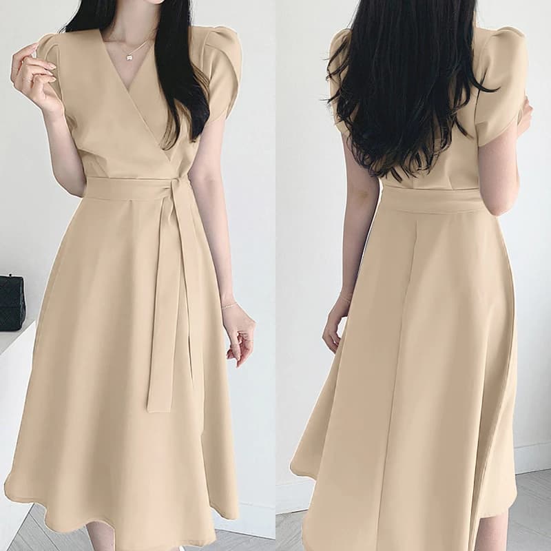 ZANZEA Abito Midi Elegante da Donna con Scollo a V, Maniche a Petalo Corte, Vita Annodata, Linea ad A, per Ospiti di Matrimonio, Vestito Estivo Femminile