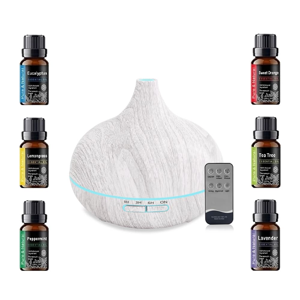 7 in 1 Smart Home Device 550ml Wood Texture Diffuser = Air Purifier + Humidifier + Night Light + Remote Control + Timer + 6 Oil