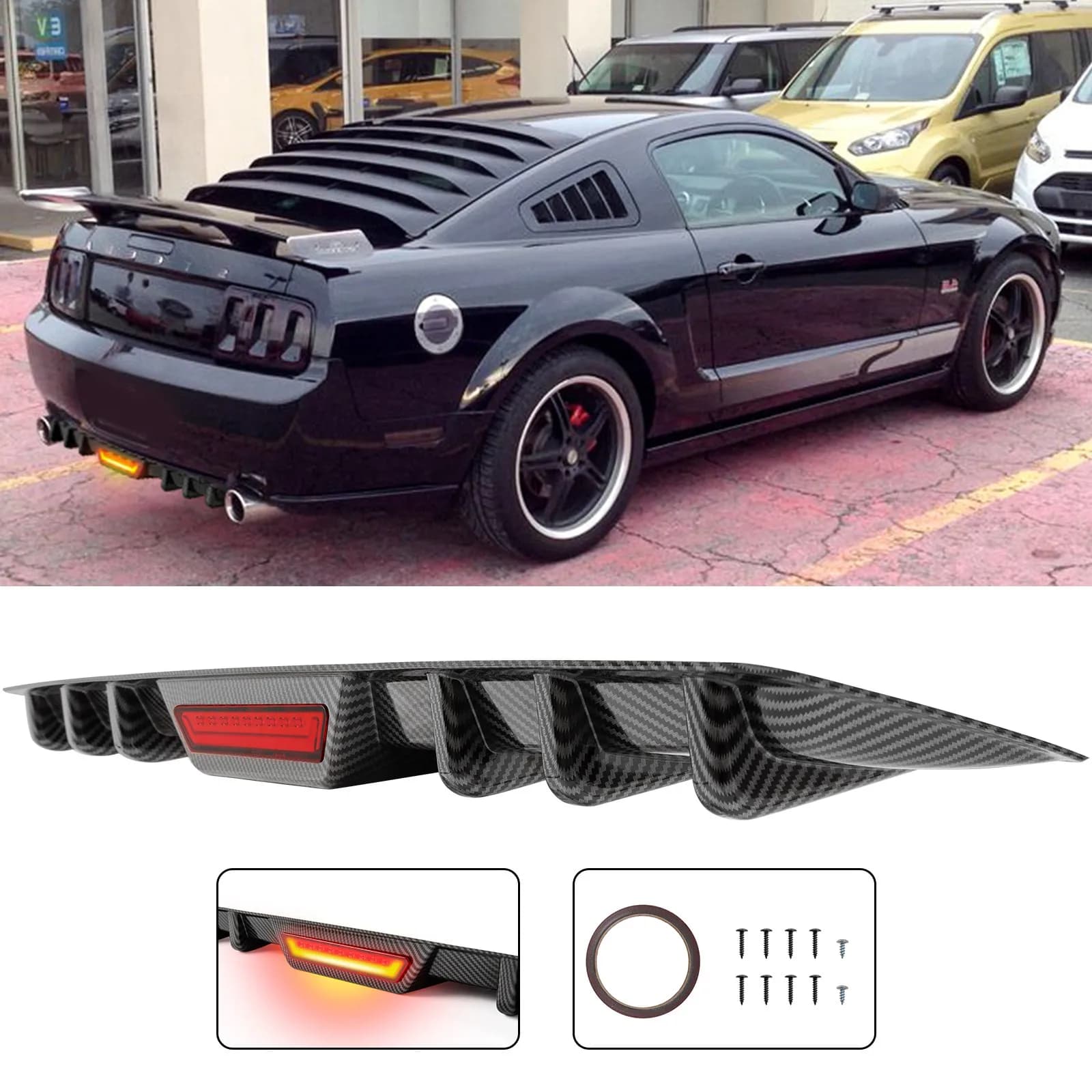 For Ford Mustang 90-04 Carbon Rear Bumper Diffuser w/ LED Brake Stop Tail Light