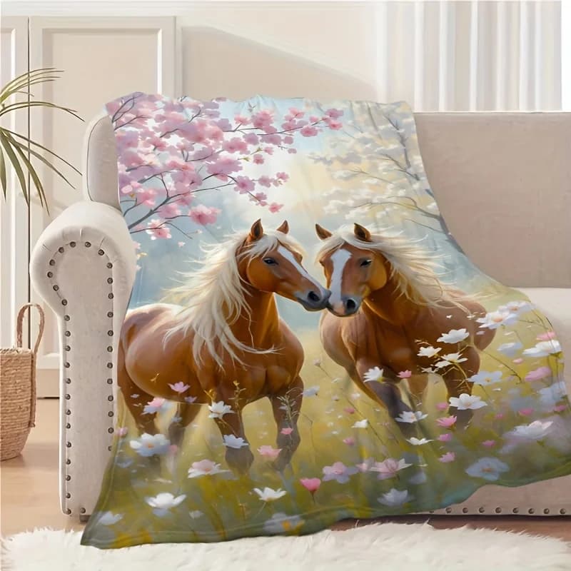 Coperta vintage con fiori di ciliegio e cavallo: stampa di paesaggi serene, morbida per tutte le stagioni per divano/campeggio/viaggio, regalo accogliente