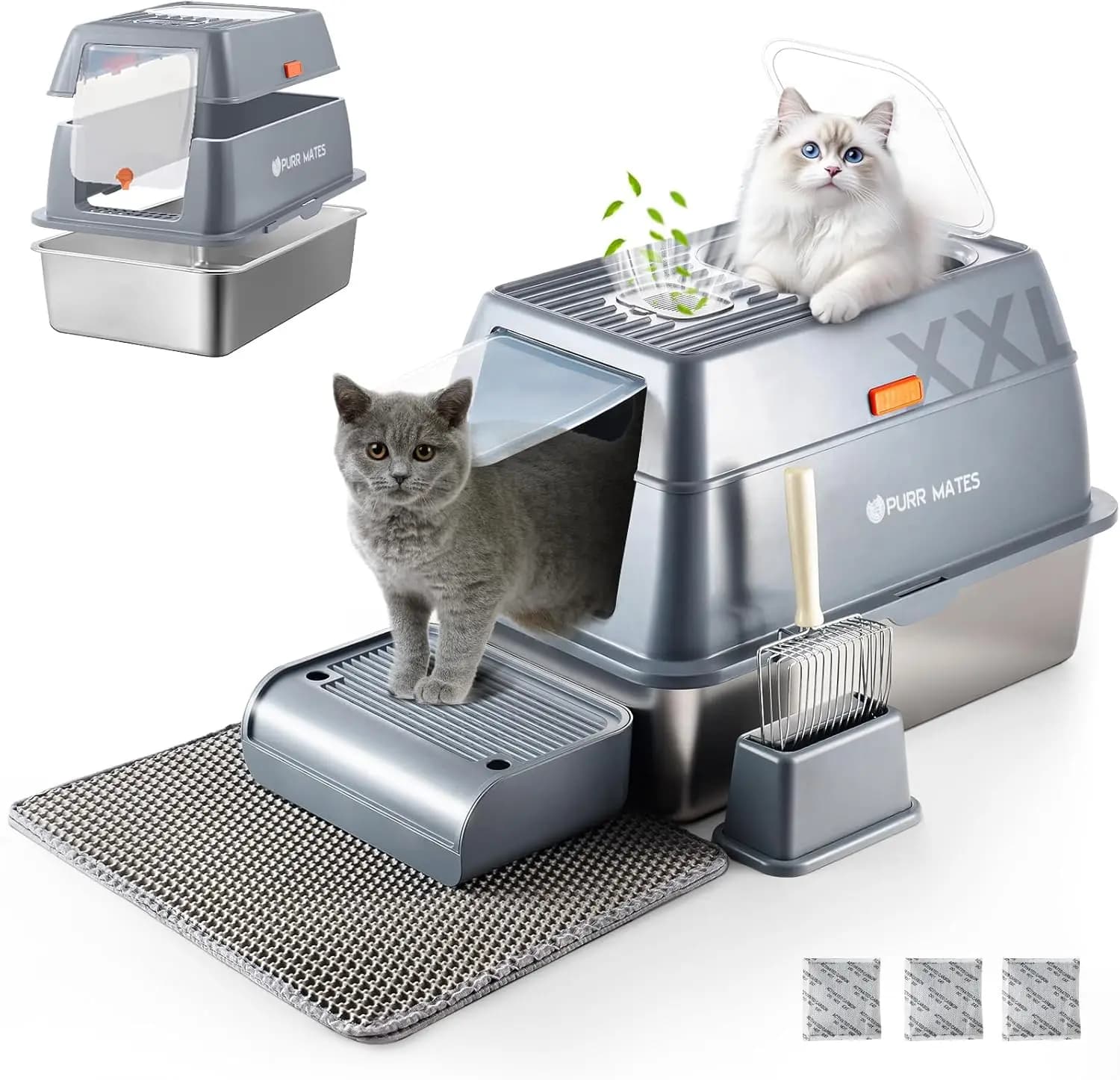 Lettiera per Gatti in Acciaio Inossidabile Extra Large con Coperchio Chiuso e Bordi Alti per Gatti Grandi e Alti, Modello Profondo in Metallo