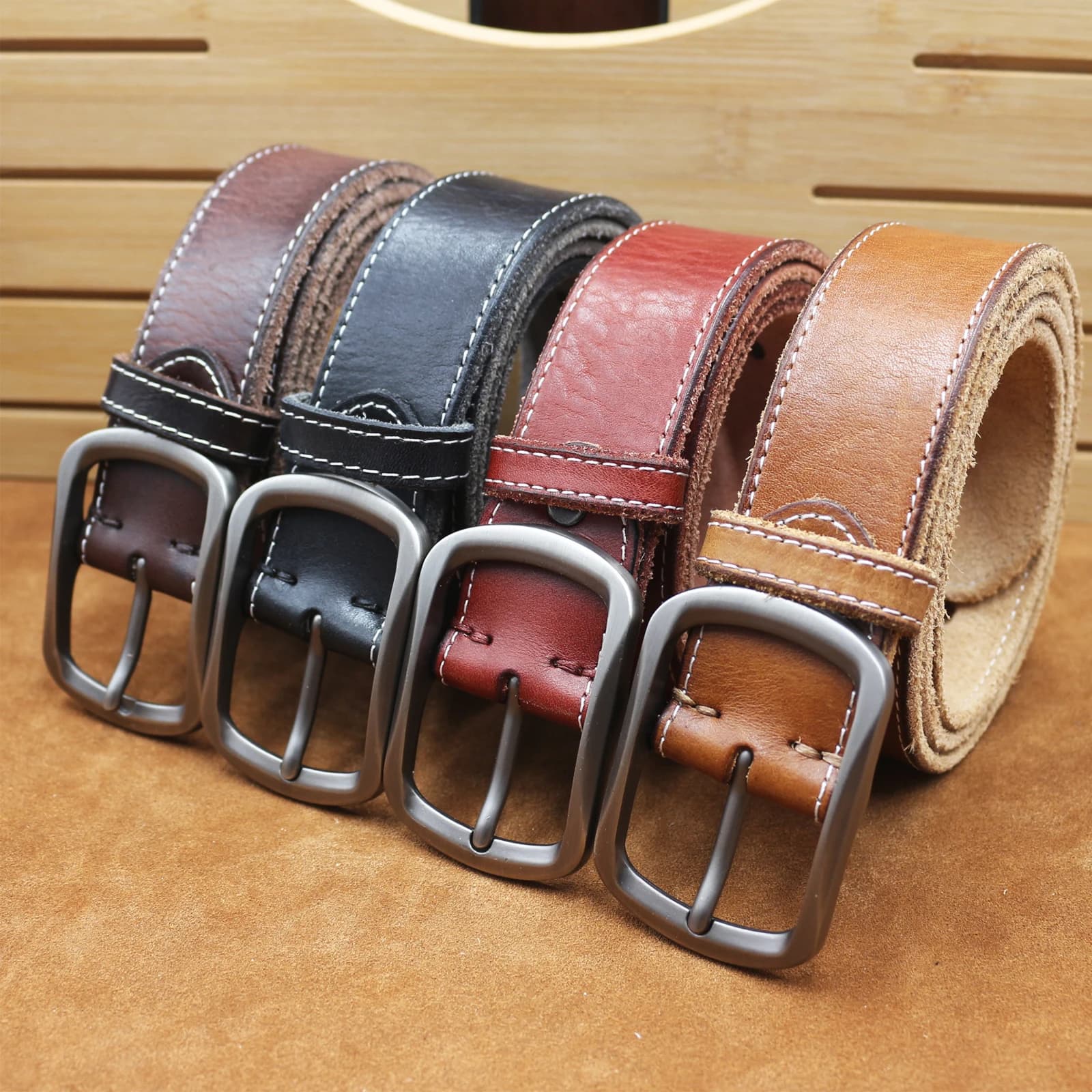 Cinture vintage da uomo in vera pelle di lusso con fibbia ad ardiglione per jeans, cintura con cuciture a filo, cintura a tracolla