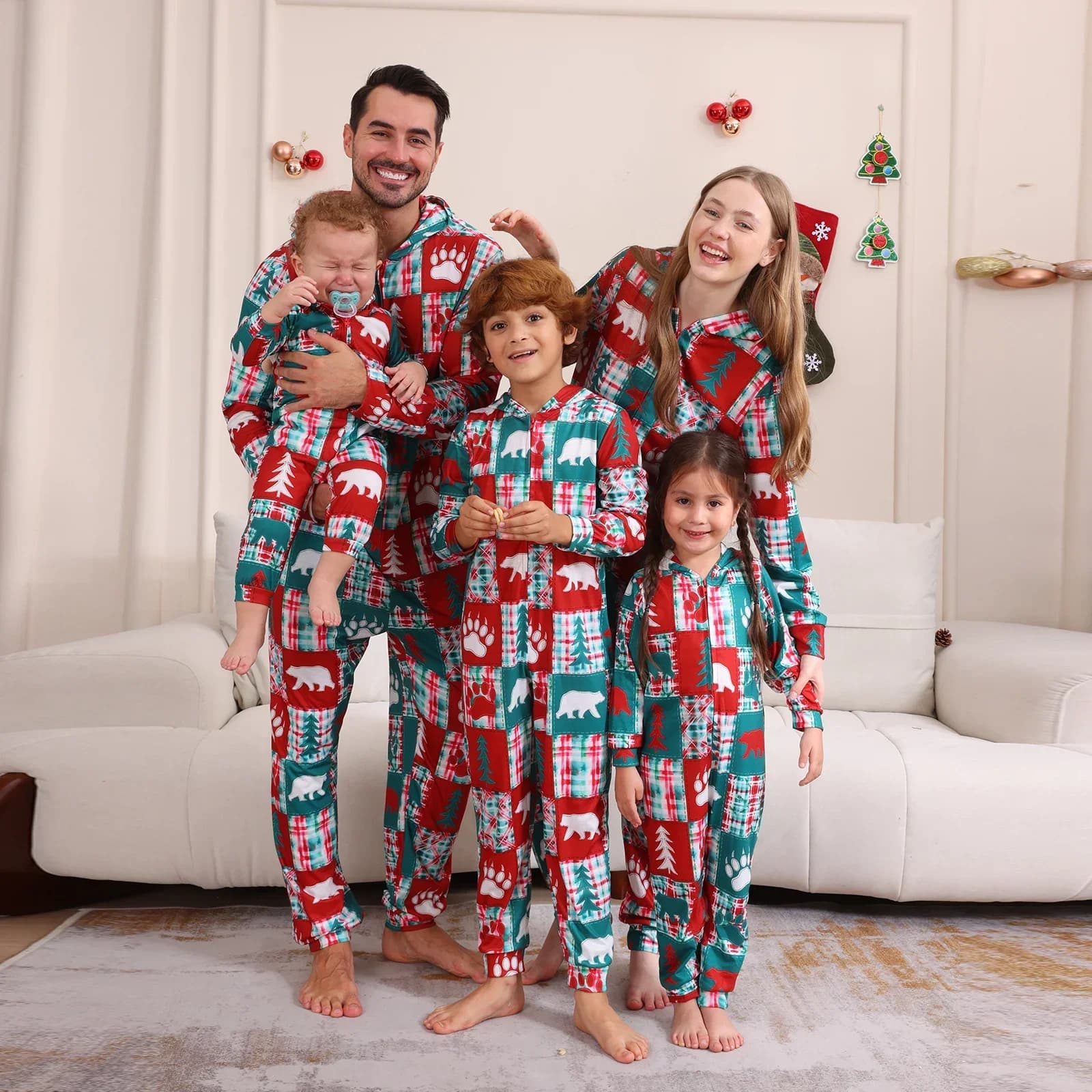 Pigiama con stampa allover look di Capodanno Cerniera con cappuccio Abito coordinato genitore-figlio Pigiama natalizio Pagliaccetto Pigiama tutina per famiglia