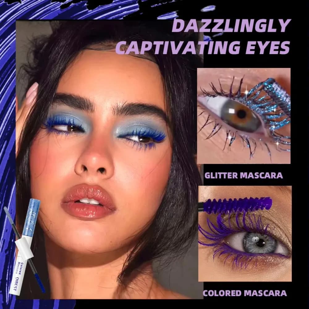 Mascara Glitter Diamantato QIBEST Lunga Durata, Mascara Colorato a Doppia Punta Volumizzante Rosa Blu Rosso Impermeabile per Ciglia