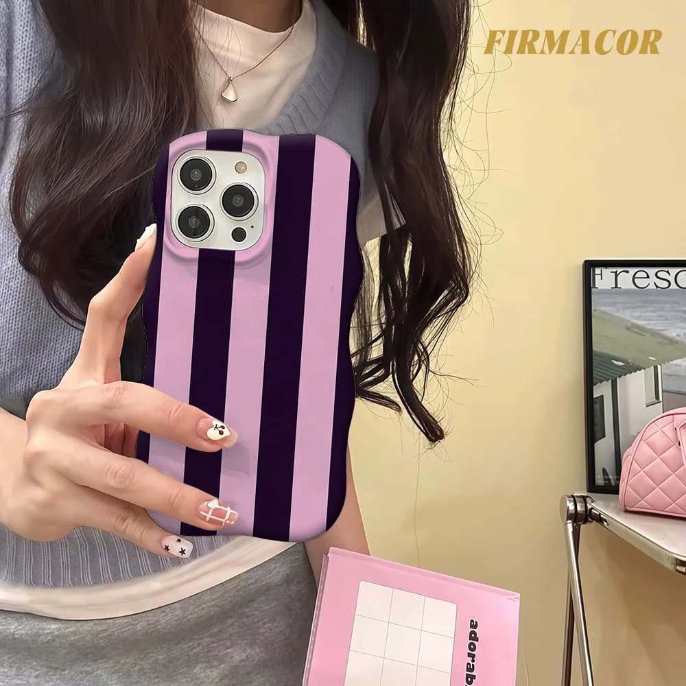 Custodia per telefono a doppio strato di lusso con motivo a onde viola intenso e righe rosa per iPhone 17 Air 16 15 14 13 12 11 Pro Max, protezione completa