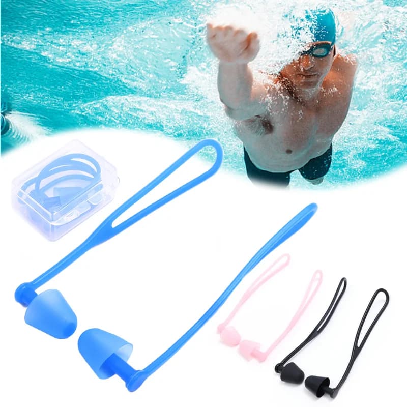 1 pair swim ear plugs ear plugs in Silicone with noise reduction packaged in swimming glasses box with ear plugs with protective ear cord