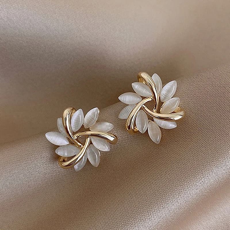 Exquisite Opal Flower Stud Earrings For Women Korean Shiny Crystal Imitation Pearl Floral Leaves Earrings Wedding Party Jewelry