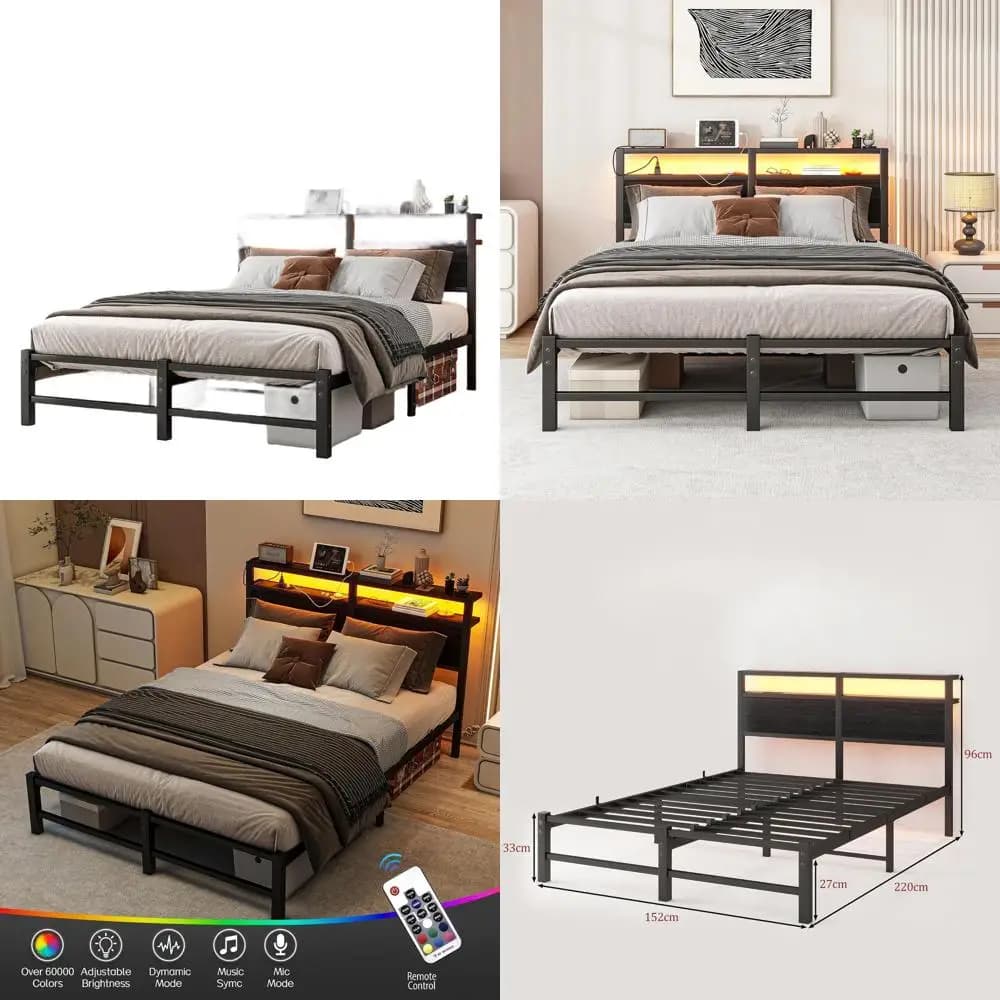 Bed with LED illuminated container platform and USB charging, Queen Size, no spring net, durable metal slats, silent, black