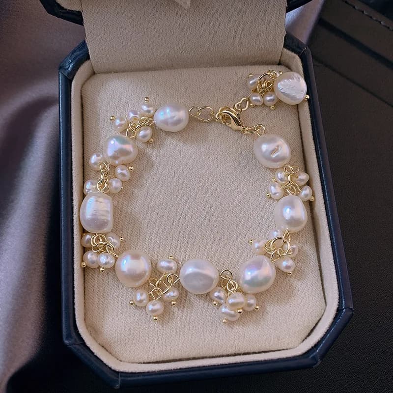 Bracciale Charm da Donna in Perle Barocche d'Acqua Dolce 100% Naturali, Placcato Oro 14K, Gioielli per Mani