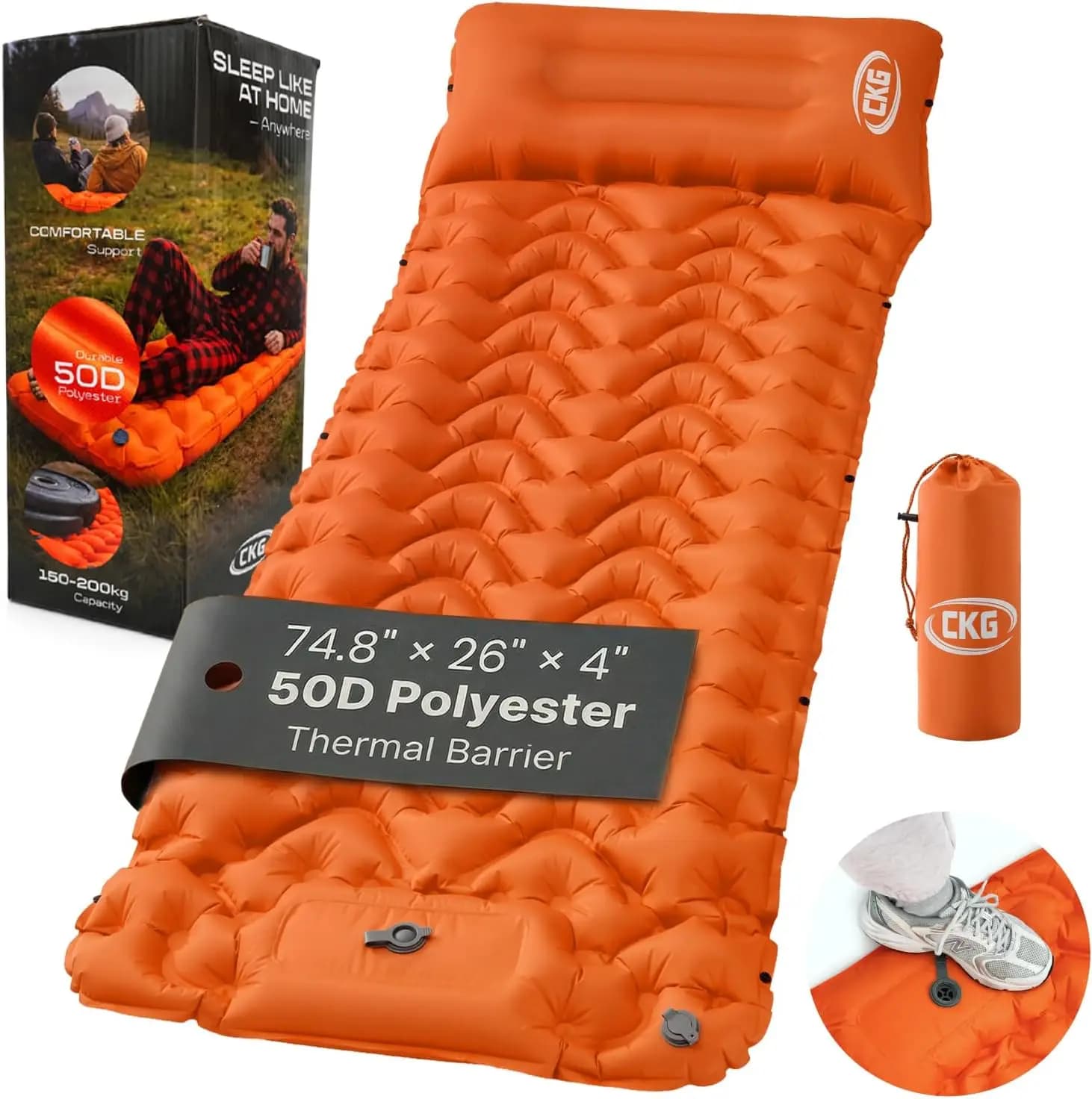 Camping Sleeping Pad with Thermal Barrier, Ultralight Camping Mat 4in Thick with Pillow, Built-in Foot Pump Self Inflating Sleep