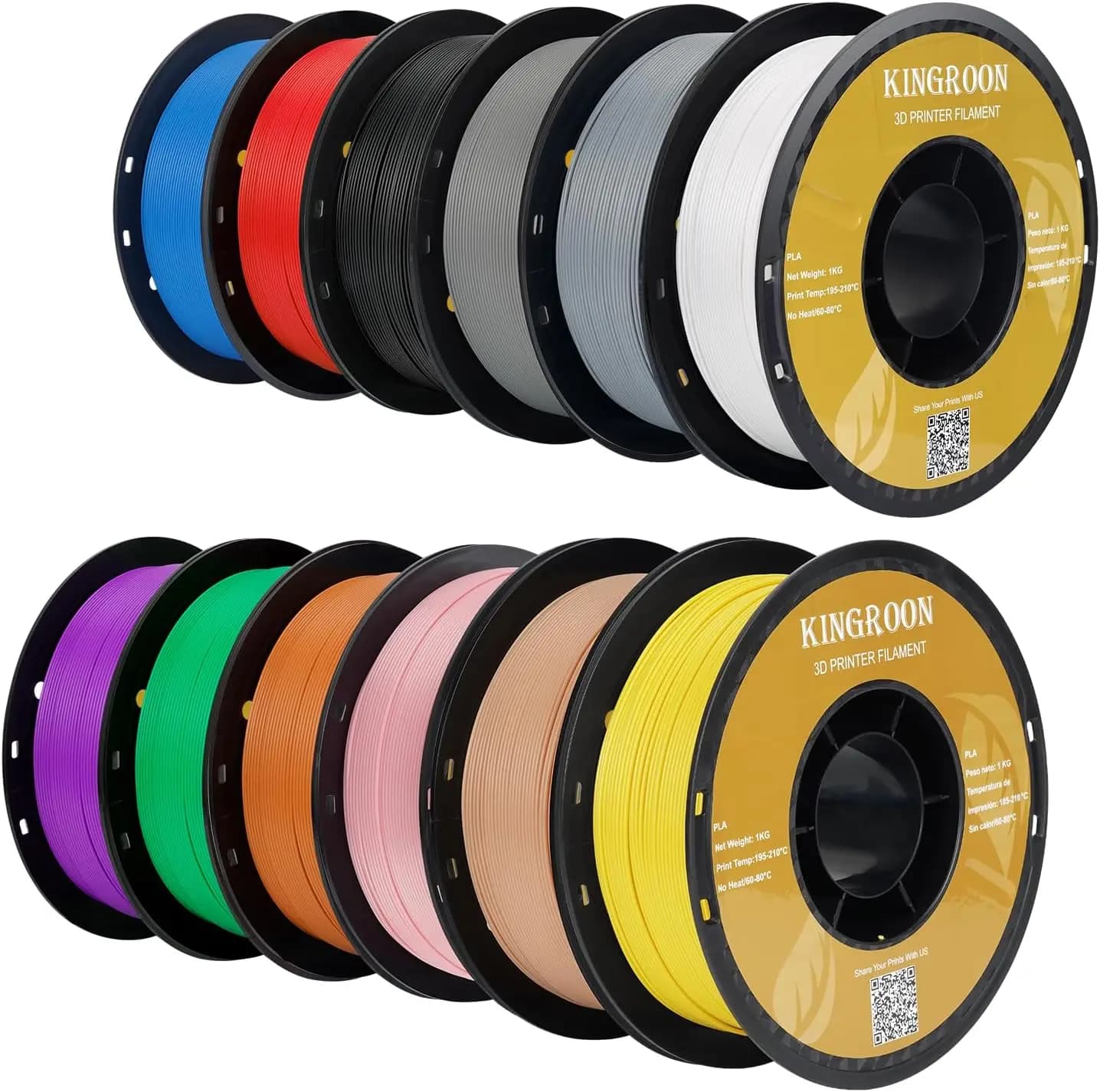 Kingroon PLA 3D Printer Filament, 12Rolls, Dimensional Accuracy +/- 0.03 mm, 12kg Spool(26.4lbs), 1.75 mm，Black White Grey Red G