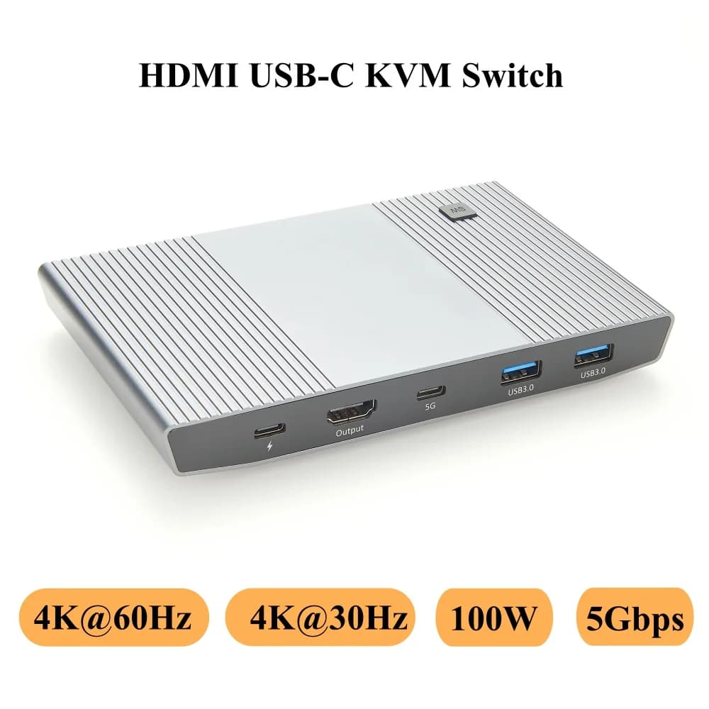 Switch KVM HD USB-C, kit docking station KVM USB-C con HD 4K a 60 Hz o 4K a 30 Hz, ricarica PD da 100 W, porta dati USB-A USB-C da 5 Gbps
