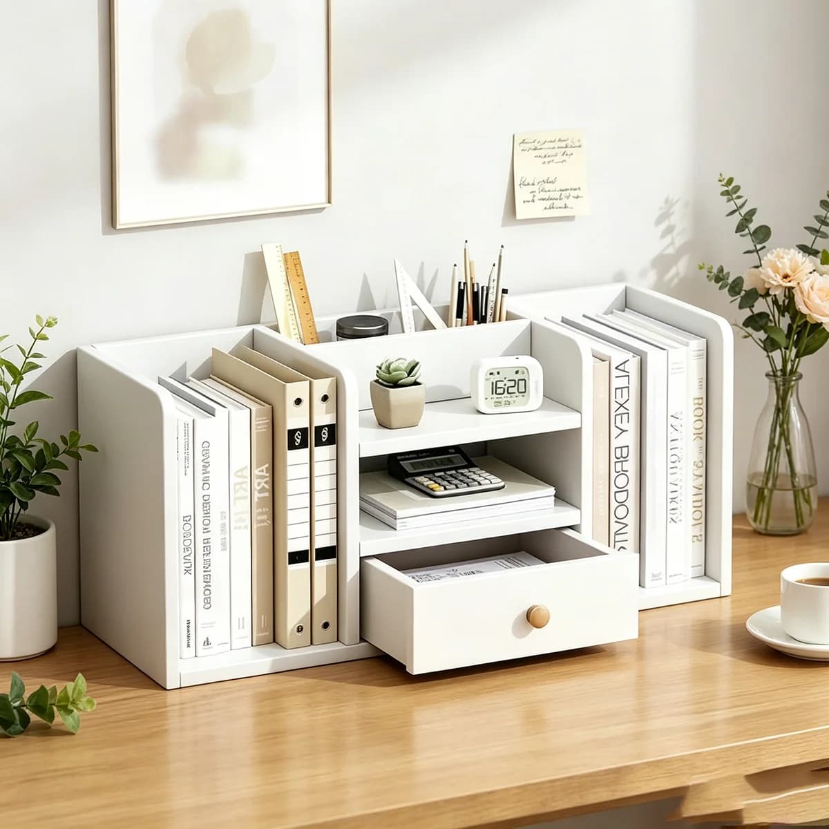Organizer da Scrivania Minimalista Bianco con Cassetto, Portadocumenti Multicomparto per Ufficio e Studenti