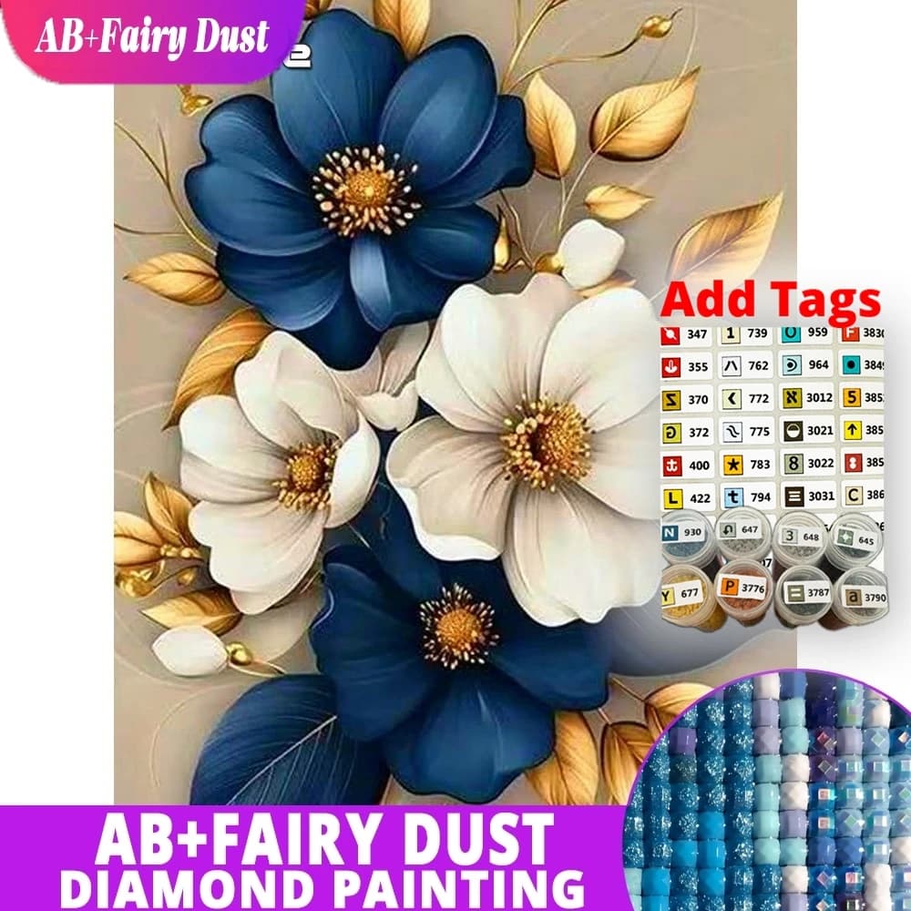 AB Fairy Dust Diamond Painting Elegant Flowers Lush Leaves Full Square Round Mosaic Embroidery Picture Kit Decor
