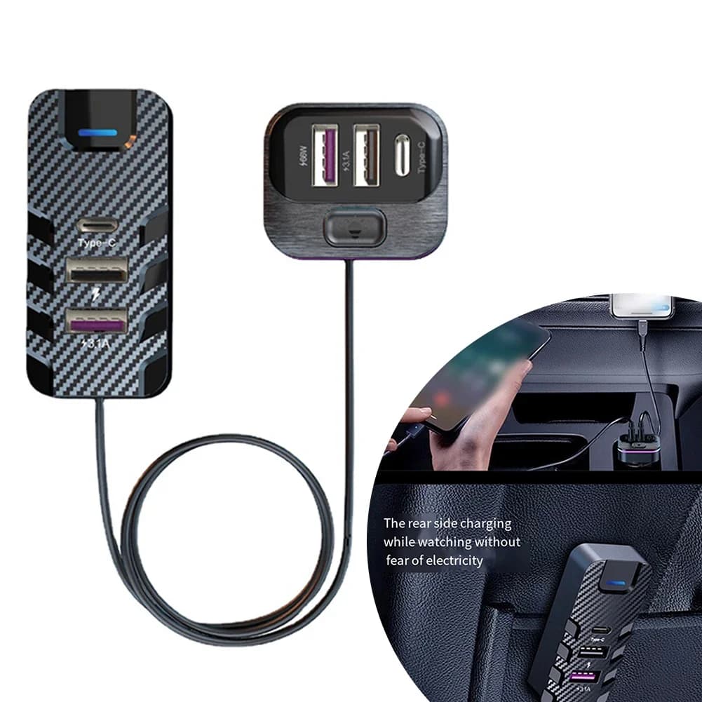 Caricabatterie da auto USB a 6 porte da 66W con USB-C PD e supporto per ricarica rapida QC3.0 per smartphone, tablet, dashcam, cavo da 1,5 m