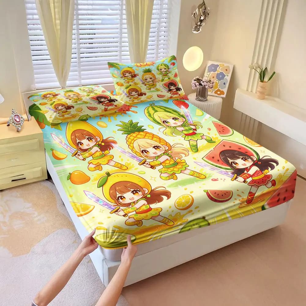 Fruit Theme Cartoon Girls Digital Print Fitted Sheet Set Bed Sheet Set Bedding Set No Fillers Summer Teen Bedroom Decor