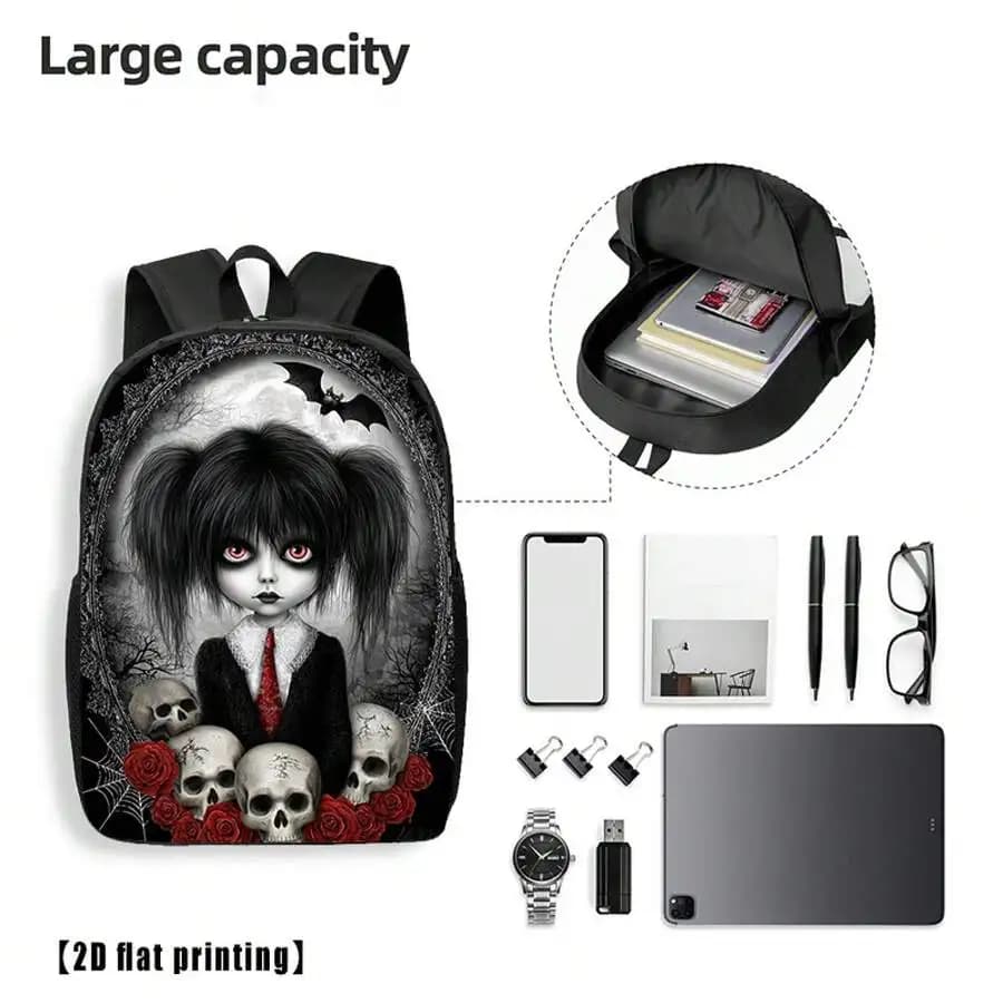 Zaino con stampa gotica teschio e rosa per adulti - Borsa per laptop da 17 pollici con cinghie regolabili, borsa da viaggio unisex
