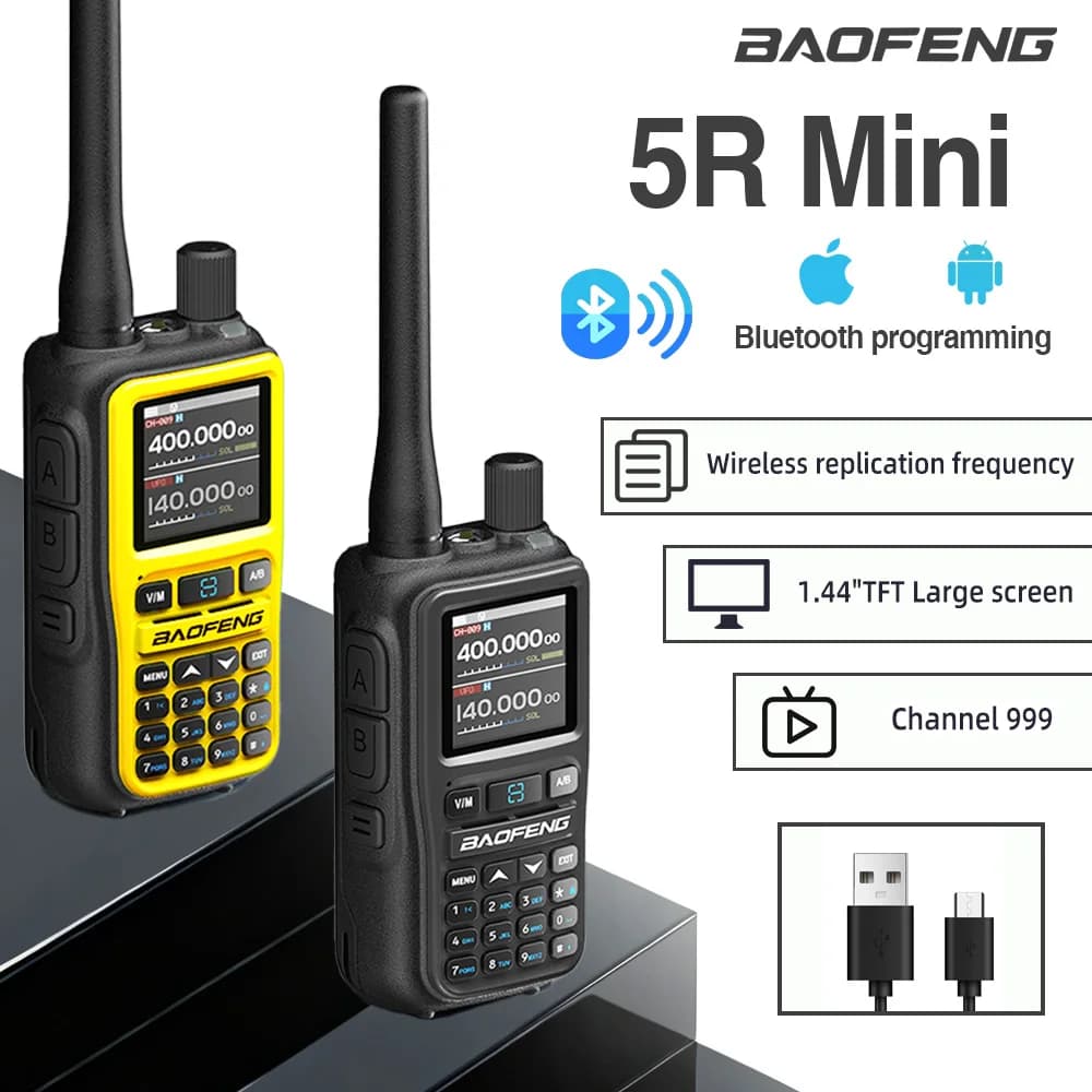 Walkie-talkie Baofeng 5Rmini con ricezione ad alta potenza 5W, 999 canali, schermo a colori, torcia antiriflesso, per campeggio e viaggi in auto, banda completa.