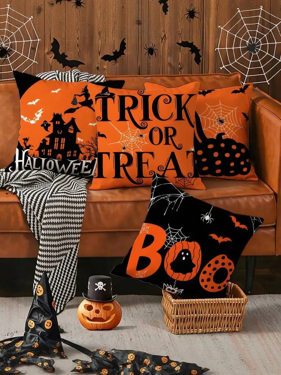 4pcs 17.72 Inch Halloween Decorative Pillow Covers Haunted House Witch Bat Spider Web Pumpkin Design For Sofa Living Room