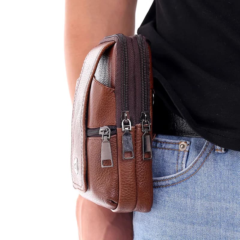 Multi-layer Buckle Mobile Phone Bag Bum Pouch Men Leather Waist Bag Large Capacity Belt Bag Brown Shoulder Bags Crossbody Bags