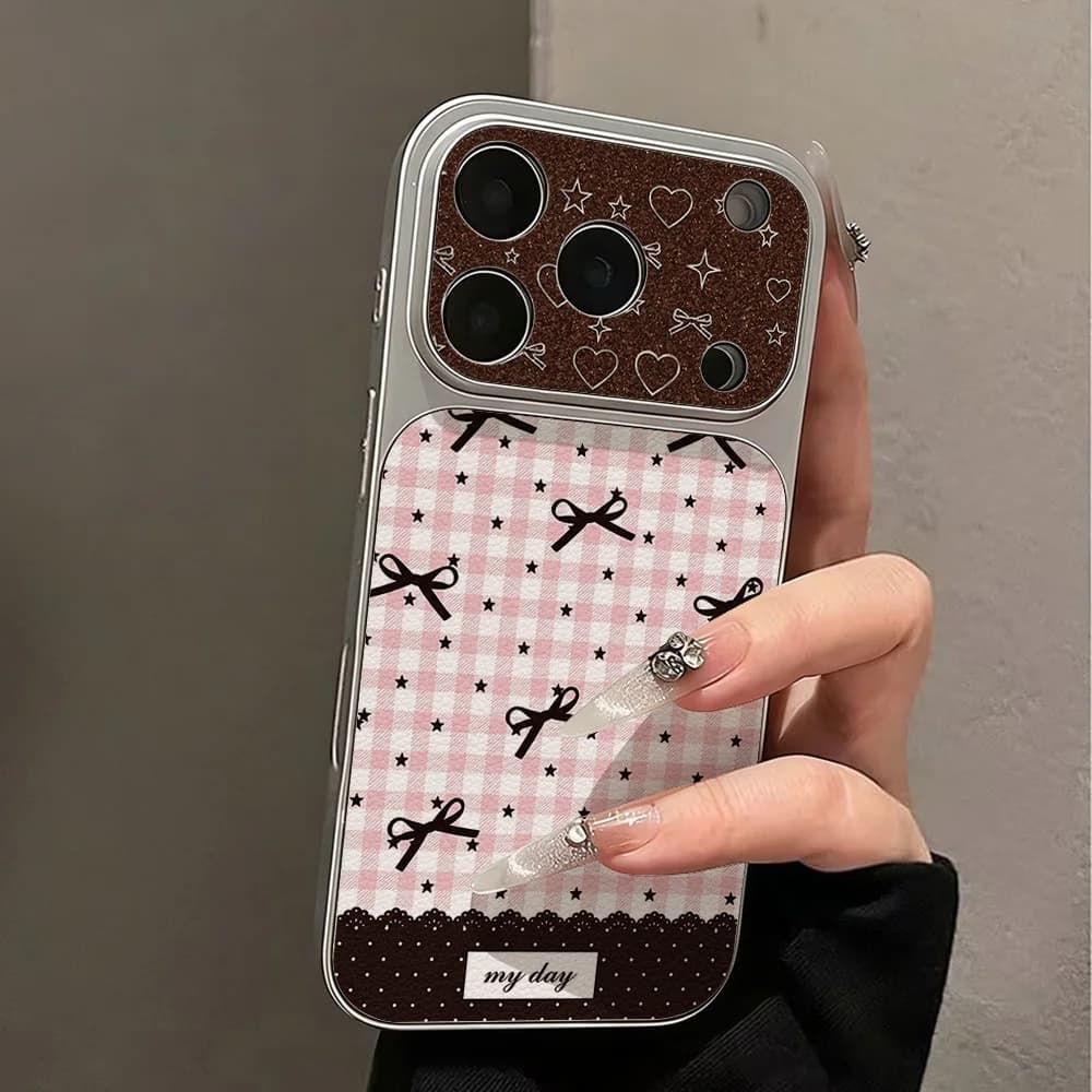 INS Retro Bowknot Leather Texture Phone Case For iPhone 17 Pro Max 16 15 14 13 Pro Max 12 11 With Lanyard Shockproof Cover