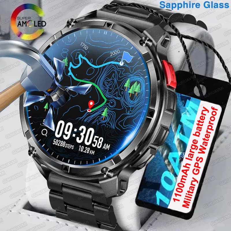 2026New 1100mAh Batteria GPS Sport Astuto Della Vigilanza Degli Uomini AMOLED Display 10ATM Orologio Impermeabile Fitness Trackr Bluetooth chiamata Smartwatch