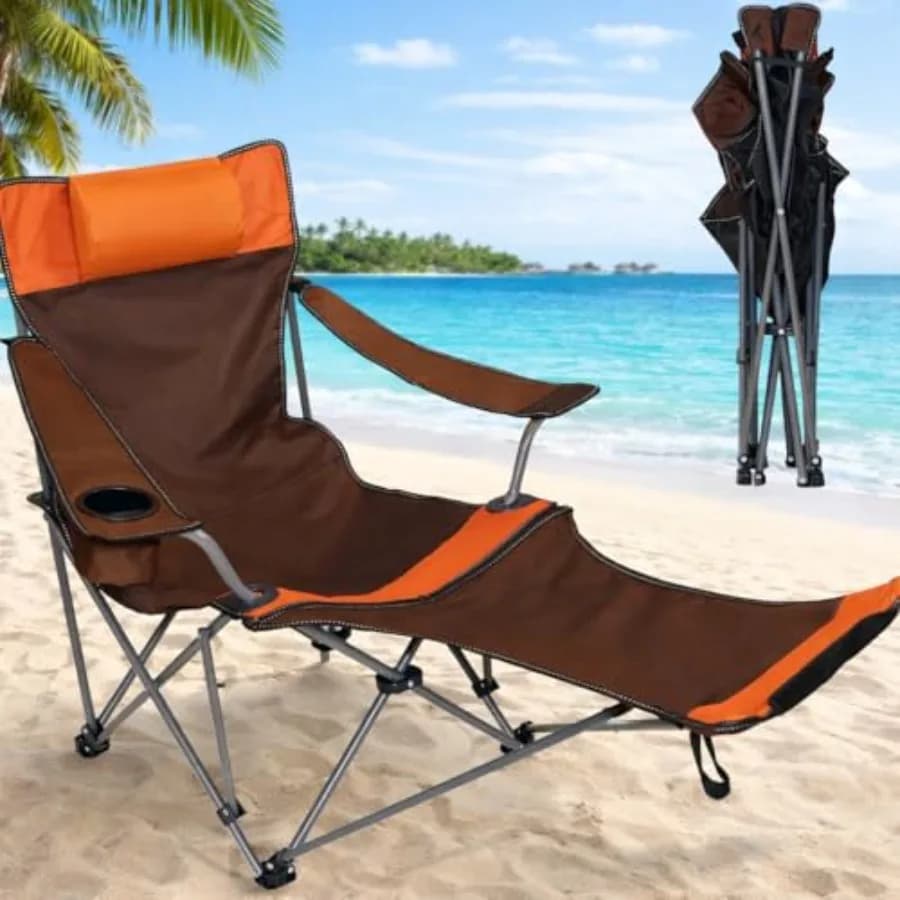 Camping Lounge Chair with Headrest Footrest and Storage Bag, Portable Folding Reclining Camping Chair with Foot Rest for Adults