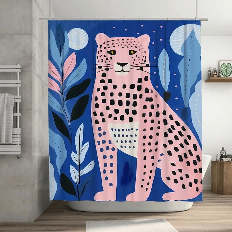 Tenda da doccia con stampa animalier: leopardo rosa con sfondo blu, perfetta per l'arredamento del bagno!