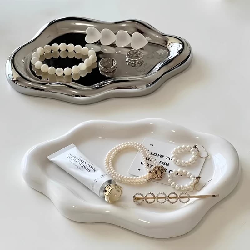 Creative Silver and White Two-Color Jewelry Tray, Simple Electroplating Storage Tray, Home Decoration Display Tray
