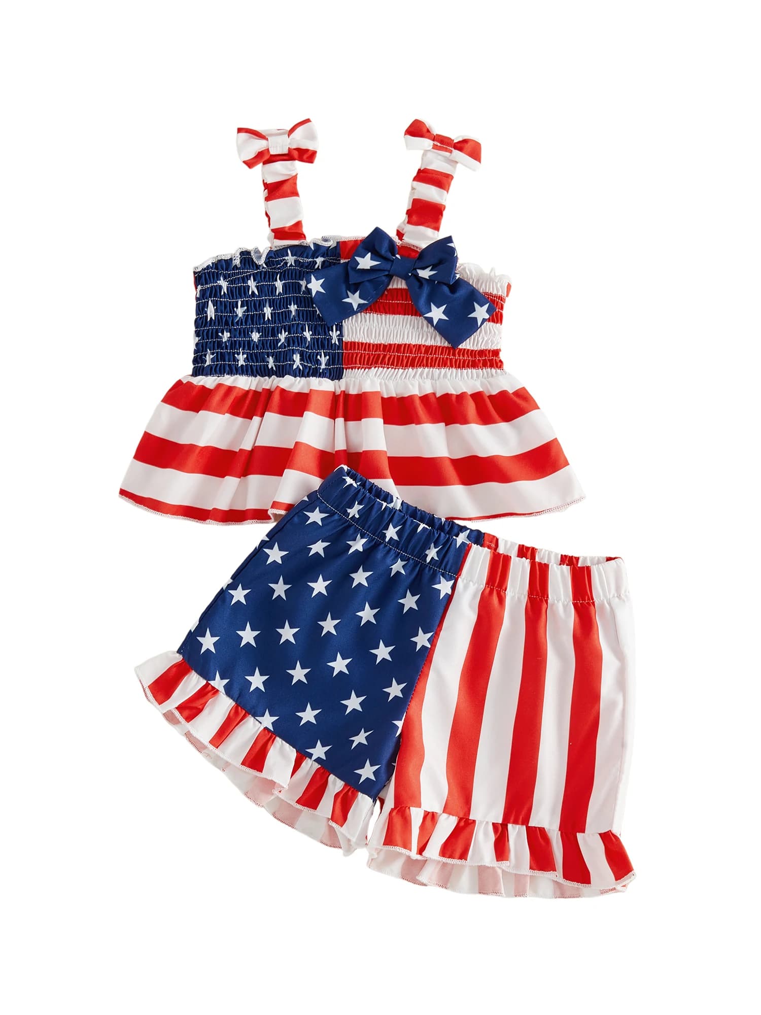 Completo per bambina per il Giorno dell'Indipendenza: Top Smocked Senza Maniche e Pantaloncini - Collezione Abbigliamento Patriottico per Bambini