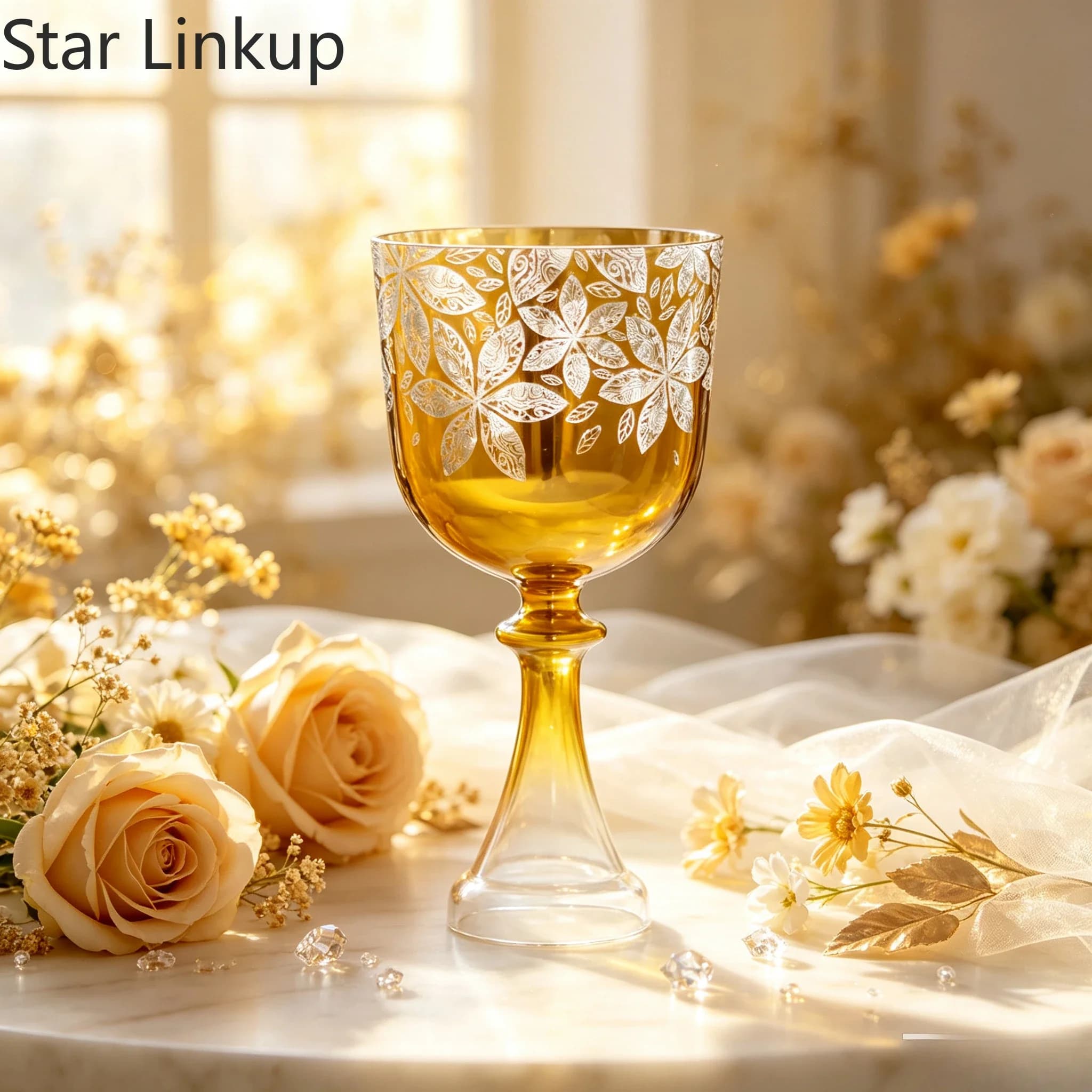 Star Linkup 5 to 8.75 Inches Yellow Hexagonal Floral Engraved Crystal Singing Chalice Bowl, Resonance Sound Therapy Chalice Instrument, Suitable for Spiritual Meditation, Energy Cleansing and Physical & Mental Sound Healing Work
