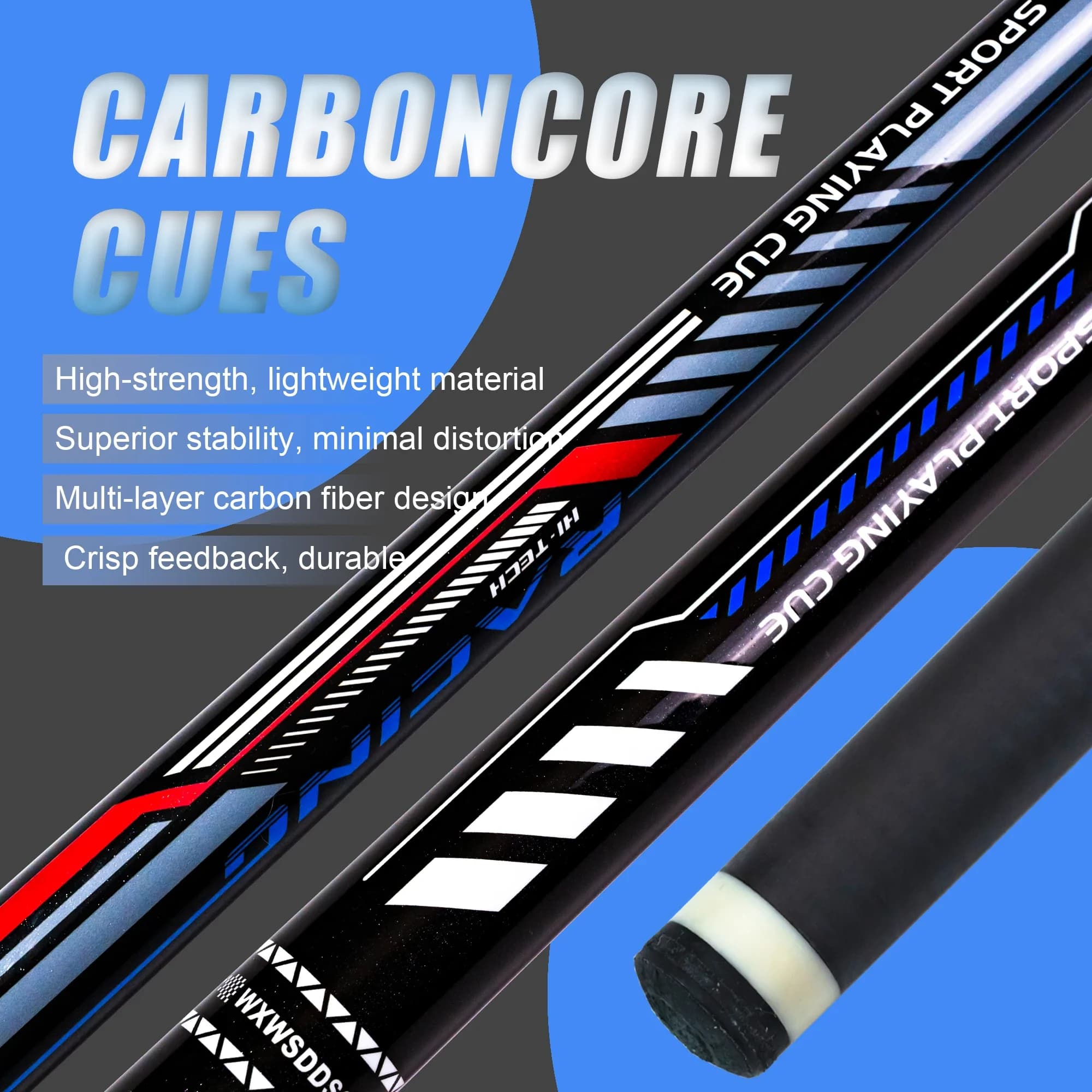Stecca da biliardo in carbonio WXWSDDSS da 12,5 mm - Albero a bassa diflessione • Punta multistrato • Giunto in acciaio inossidabile a sgancio rapido • Stecca Pro da 58"